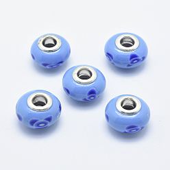 Темно-Голубой Европейские бусины, полимерная глина, ручная работа, с латунными сердечниками с серебряным покрытием, бусины с большим отверстием, Rondelle с цветочным узором, глубокое синее небо, 13~16x8~11 мм, отверстие : 4.5~5 мм