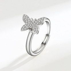 Платина Регулируемые вращающиеся кольца на палец из латуни с инкрустацией кубическим цирконием и эмалью для женщин., бабочка, Кольцо-спиннер для успокоения беспокойства, медитации, платина, внутренний диаметр: 15~20 мм