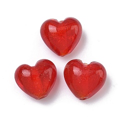 Красный Бусины ручной работы золотой фольги стекла, сердце, красные, 13.5x14.5x10 мм, отверстие : 1.8 мм