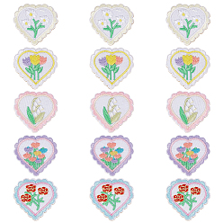 (52) Непрозрачная лаванда 3 Наборы 15 шт. нашивок с компьютерной вышивкой в виде сердца и цветка из полиэстера, пришиваемых/приклеиваемых утюгом, аппликации в китайском стиле, разноцветные, 39.5x40.5x1.7 мм, 5 шт / комплект
