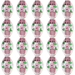 Brun Rosé  20pcs perles de verre lampwork faites à la main, ovale avec des fleurs, brun rosé, 16~17x9~11mm, Trou: 1.5~2mm