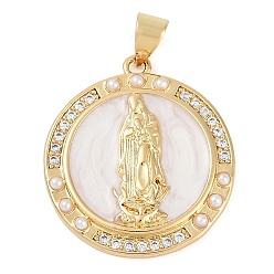 Плоский Круглый Покрытие стойки латунь микропаве прозрачные подвески из кубического циркония, с бусинами из эмали и абс пластика, долговечный, без кадмия и без свинца, реальный 18 k позолоченный, очарование девы марии, плоско-круглые, 24.5x22x3 мм, отверстие : 4.5x3 мм