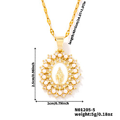 Золотой Винтажные латунные ожерелья с подвесками в форме овала, украшенные микропаве из прозрачных кубических цирконий, с изображением Девы Марии, с белой эмалью и искусственным жемчугом, золотые, 15.75 дюйм (40 см)