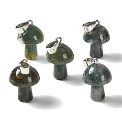 Moss Agate Natural Moss Agate Pendants, Mushroom Charms, with 304 Stainless Steel Snap on Bails, Stainless Steel Color, 24~25x16mm, Hole: 7.5x4mm
