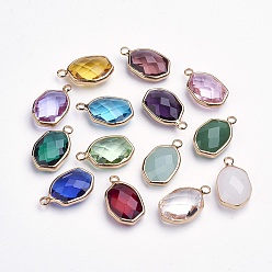Mixed Color Glass Pendants, with Brass Findings, Faceted Oval, Golden, Mixed Color, 20x12x6~6.5mm, Hole: 2mm