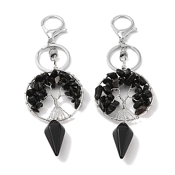 Obsidian Natural Obsidian Keychain, with Platinum Brass & Iron Findings, Long-Lasting Plated, Lead Free & Cadmium Free, Flat Round with Tree of Life, 15.7cm