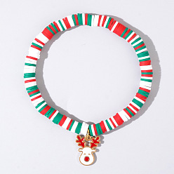 Олень Рождественские 304 браслеты из нержавеющей стали с эмалированными подвесками, Разноцветные браслеты из полимерной глины с бусинами хейши, эластичные, для женщин и мужчин., золотые, северный олень, 6.50 дюйм (16.5 см)