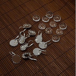 Silver Brass Leverback Earrings Blank Base and Clear Domed Glass Covers, Silver Color Plated, Earring: 28x17mm, Pin: 0.5mm, Glass: 15.73~16.13x5.3mm