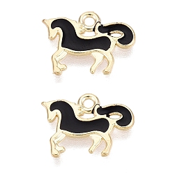 Черный Подвески из эмали и сплава, лошади прелести, золотой свет, чёрные, 10.5x14.5x1 мм, отверстие : 1.4 мм
