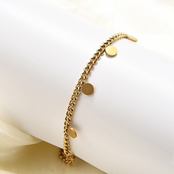 Золотой 304 из нержавеющей стали плоские круглые шарм браслеты, браслеты с цепочками для женщин, ионное покрытие (ip), золотые, 6-3/4 дюйм (17.2 см) в длину + 32 удлинитель мм