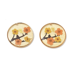 Naranja Colgantes de latón chapado, resina epoxi transparente y flores secas., Dije plano redondo con estampado de flores y mariposas, con polvo del brillo, naranja, 30x3 mm, agujero: 1.1 mm