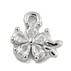 Платина Латунные микропаве прозрачные подвески с фианитом, цветок, платина, 9x8.4x2.6 мм, отверстие : 1.2 мм
