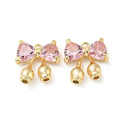 Real 18K Gold Plated Rack Plating Brass Pendants, with Pearl Pink Glass, Bowknot Charms, Real 18K Gold Plated, 14x13x4mm, Hole: 1.4mm