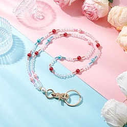 Белый Стеклянный жемчуг телефон ремешок цепи, Мобильные аксессуары, с бисером, нейлоновой нитью и фурнитурой из сплава, белые, 411 мм