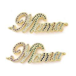 Разноцветный День матери латунные микро-паве кубические цирконии слово мама соединительные подвески, долговечный, без кадмия и без свинца, стойки покрытие, реальный 18 k позолоченный, красочный, 14x38.5x2.5 мм, отверстие : 1.2 мм