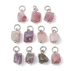 Платина Подвески из натурального разноцветного турмалина, подвески-самородки с латунными соединительными кольцами, платина, 11~12.5x6.5~8x5.5~6 мм, отверстие : 3 мм