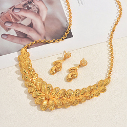 Золотой Комплекты из латунного цветочного ожерелья и серег-гвоздиков в стиле невесты на Ближнем Востоке для женщин, золотые, ожерелья: 18.11 дюйм (46 см)