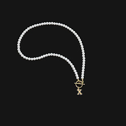 Letter X Белые круглые бусины из искусственного жемчуга, 201 ожерелья с подвесками из нержавеющей стали для женщин, золотые, Письмо X, 17.72 дюйм (45 см)