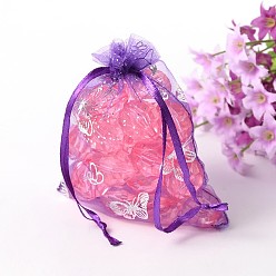 Dark Violet Organza Bag with Drawstring, Jewelry Pouches Bags, for Wedding Party Candy Mesh Bags, Rectangle with Butterfly Pattern, Dark Violet, 12x9cm