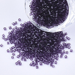 Purple Glass Cylinder Beads, Seed Beads, Transparent Colours, Round Hole, Purple, 1.5~2x1~2mm, Hole: 0.8mm, about 8000pcs/bag, about 85~95g/bag