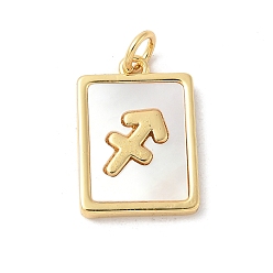 Стрелец Подвески из латуни с натуральными белыми ракушками, подвески-созвездия с соединительными кольцами, реальный 18 k позолоченный, долговечный, без свинца и без кадмия, стойки покрытие, Стрелец, 17x12x2 мм, отверстие : 3 мм