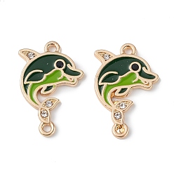 Темно-Зеленый Подвески из сплава эмали, звенья дельфина с хрустальными стразами, золотой свет, без кадмия, без никеля и без свинца, темно-зеленый, 23x15.5x1.5 мм, отверстие : 1.5 мм