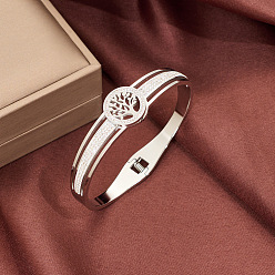 Нержавеющая Сталь Цвет Шарнирные браслеты из нержавеющей стали для женщин, древо жизни, с кристально горный хрусталь, цвет нержавеющей стали, 5/8x2-3/8 дюйм (1.7x6 см)