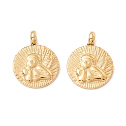 Golden 304 Stainless Steel Pendants, PVD Vacuum Plating, Long-Lasting Plated, Flat Eound with Angel Pattern, Golden, 16x12x4mm, Hole: 2.4mm