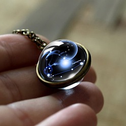 Козерог Двойное стекло круг с подвеской в виде созвездия сплав цепи ожерелья, античная бронза, Козерог, 17.72~19.69 дюйм (45~50 см)