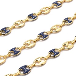 Marine Blue Golden Plated Alloy Enameled Coffee Bean Links Chains, Long-Lasting Plated, Cadmium Free & Lead Free, Unwelded, Marine Blue, Coffee Bean: 14.5x10x3.5mm, Link: 8.5x2x3.5mm, about 32.8 Feet(10m)/roll