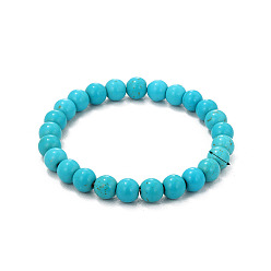 Round Synthetic Turquoise Bead Bracelets, Bohemia Style Stretch Bracelet for Women, Round Pattern, 6-3/4 inch(17.2cm), 8mm