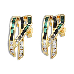 Real 18K Gold Plated Green Cubic Zirconia Claw Stud Earrings, Brass Jewelry for Women, Nickel Free, Real 18K Gold Plated, 24x11mm, Pin: 0.7mm
