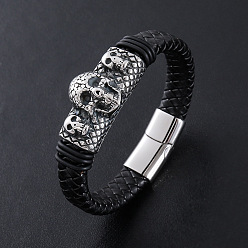 Античный Серебристый & Цвет Нержавеющей Стали Браслеты из плетеного шнура из искусственной кожи в стиле панк, 304 Браслеты с подвесками в виде черепа из нержавеющей стали для мужчин, с магнитной застежкой, старинное серебро и цвет нержавеющей стали, 8.66 дюйм (22 см)