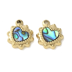 Настоящее золото 18K 304 Подвески из нержавеющей стали с покрытием из натуральной раковины пауа/белой раковины методом ионного напыления (IP), сердце прелести, реальный 18 k позолоченный, 11x10x3 мм, отверстие : 1.4 мм