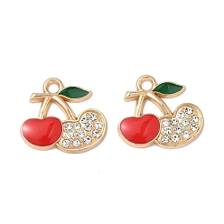 Light Gold Сплава кристалла горный хрусталь подвески, подвески в виде красной вишни с эмалью, золотой свет, 15x17x2.5 мм, отверстие : 1.8 мм