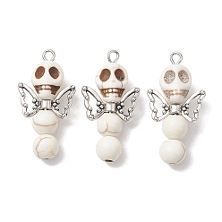 Античное Серебро Синтетические бирюзовые подвески, Хэллоуин череп ангела с подвесками в виде крыльев из сплава, античное серебро, 34.5x18x11 мм, отверстие : 2 мм