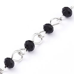 Black Handmade Natural Malaysia Jade Beaded Chains, with Platinum Plated Iron Eye Pin, Unwelded, Black, Beads: 4x3mm, about 39.37 inch(1m)/strand