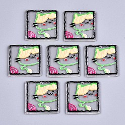 Colorful Transparent Acrylic Pendants, 3D Printed, Square with Cat Pattern, Colorful, 31.5x30.5x2.5mm, Hole: 1.5mm