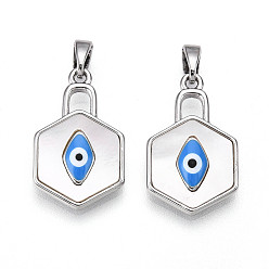Платина Подвески из натуральной ракушки в форме шестиугольника из латуни, очаровашка синяя эмаль сглаза, платина, 21x13x3.5 мм, отверстие : 5x2 мм