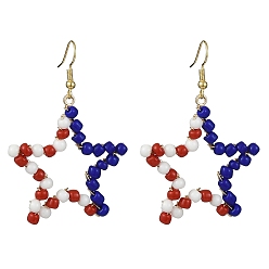 Разноцветный Серьги с подвесками из стеклянного бисера ко Дню независимости, с медными контактами, полые звезда, красочный, 56x38.5 мм