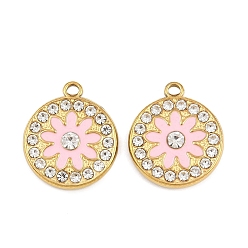 Золотой 304 подвески из нержавеющей стали с эмалью и стразами, плоские круглые и цветок, ионное покрытие (ip), золотые, 20.5x17.5x3.5 мм, отверстие : 1.6 мм