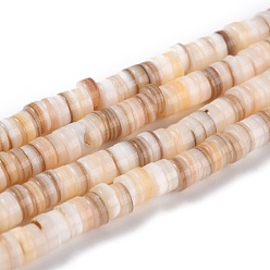 Linen Natural Shell Beads, Flat Round/Disc, Heishi Beads, Linen, 5x1.5~3mm, Hole: 0.8~1mm, about 167~214pcs/strand, 15.55~15.94''(40.5cm)
