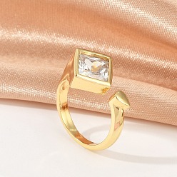 Настоящее золото 18K Ромбовидные латунные кольца-манжеты с прозрачным кубическим цирконием для женщин, без кадмия и без свинца, реальный 18 k позолоченный, внутренний диаметр: 17 мм