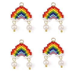Colorful Natural Cultured Freshwater Pearl & Glass MIYUKI Seed Beaded Pendants, Rainbow
 Charms, with 304 Stainless Steel Open Jump Rings, Colorful, 26x20x5mm, Hole: 3mm