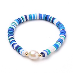 Васильковый Бусины хейши из полимерной глины эластичные браслеты, с акриловыми бусинами из искусственного жемчуга и латунными бусинами, васильковый, внутренний диаметр: 2-1/4 дюйм (5.6 см)