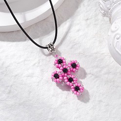 Ярко-Розовый Ожерелья с подвесками в виде креста из стеклянных бусин и синтетического синего золота, ожерелья из черного вощеного хлопкового шнура для женщин, ярко-розовый, 17.60 дюйм (44.7 см)