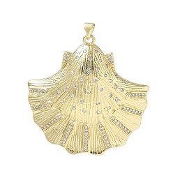 Real 18K Gold Plated Brass Micro Pave Clear Cubic Zirconia Pendants, Shell Shape Charms, Long-Lasting Plated, Rack Plating, Lead Free & Cadmium Free, Real 18K Gold Plated, 47x45x11mm, Hole: 5x3mm