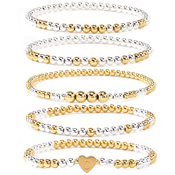 Платиновый & Золотой 5латунные браслеты из эластичной ленты с бусинами для женщин, круг и сердечко с буквой С, платиной и золотом, 6.89 дюйм (17.5 см)