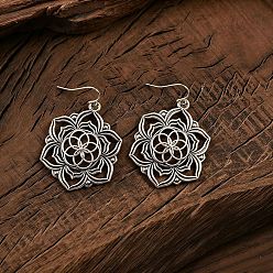 Flower Zinc Alloy Dangle Earrings for Women, Antique Silver, Flower, 52x35mm
