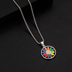 Цветок Вращающийся кулон из цветной эмали из сплава 316 цепочки из хирургической нержавеющей стали для мужчин, цвет нержавеющей стали, подсолнечник, 23.62 дюйм (60 см)